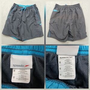Speedo Swim Trunks Men's M Gray Blue Board‎ Shorts Cargo Pocket Drawstring